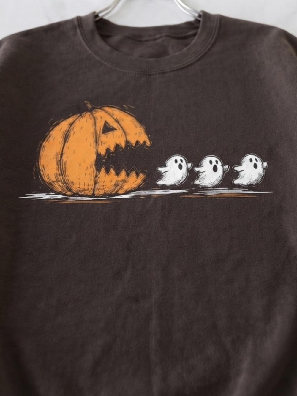 Retro Halloween Pumpkin Pac Man Ghost Sweatshirt - Gildan 18000 - Picture 2 of 5